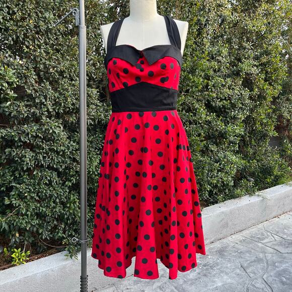 New With Tags Hell Bunny Vixen Retro Halter Polka Dot Flared Dress Red Medium - Picture 1 of 9